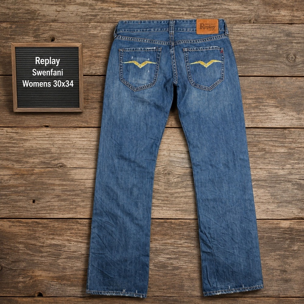 Replay Swenfani Womens Jeans 30x34 Blue Straight Leg Low Rise Button Fly Italy